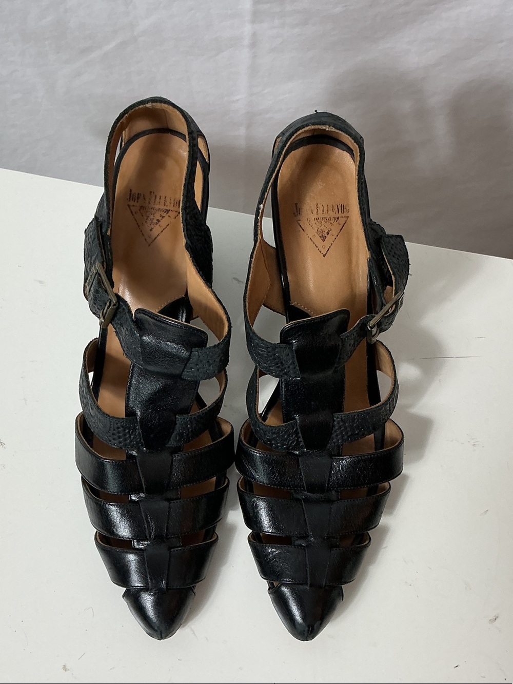John Fluevog Black Leather Strappy Sandals